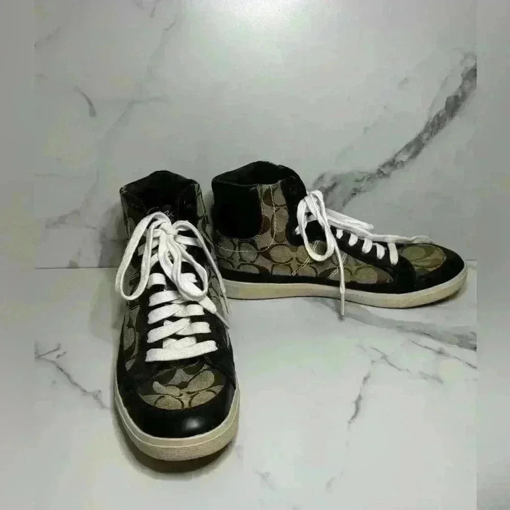 Coach Ellis khaki brown leather canvas signature high top sneakers size 8